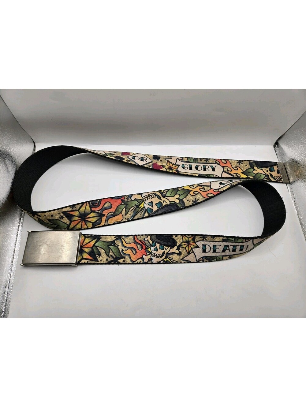 Buckle-Down Death Or Glory Canvas Web Belt Reversible Bottle Opener Tattoo Skull